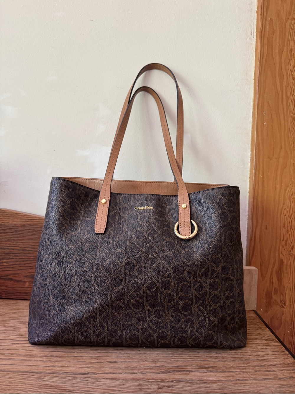Calvin Klein Dark Brown Monogram Tote with Tan Handles